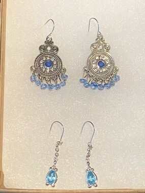 Silver-Tone Blue Beaded Dangle Earrings - 2 Sets